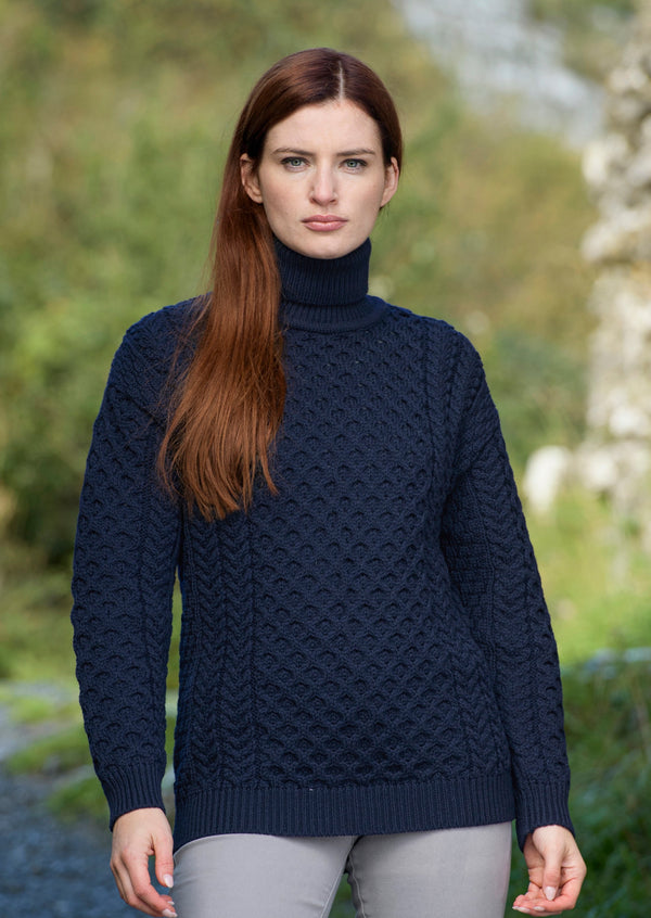 Aran Merino Polo Neck Navy Sweater