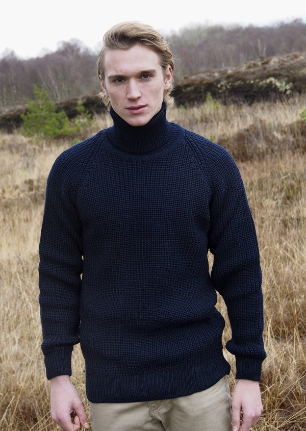 Aran Crafts Navy Rib Roll Neck Irish Sweater