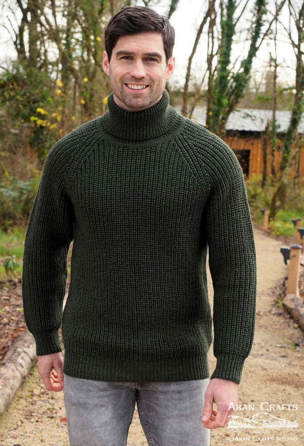 Aran Crafts Submariner Rib Roll Neck Sweater | Green