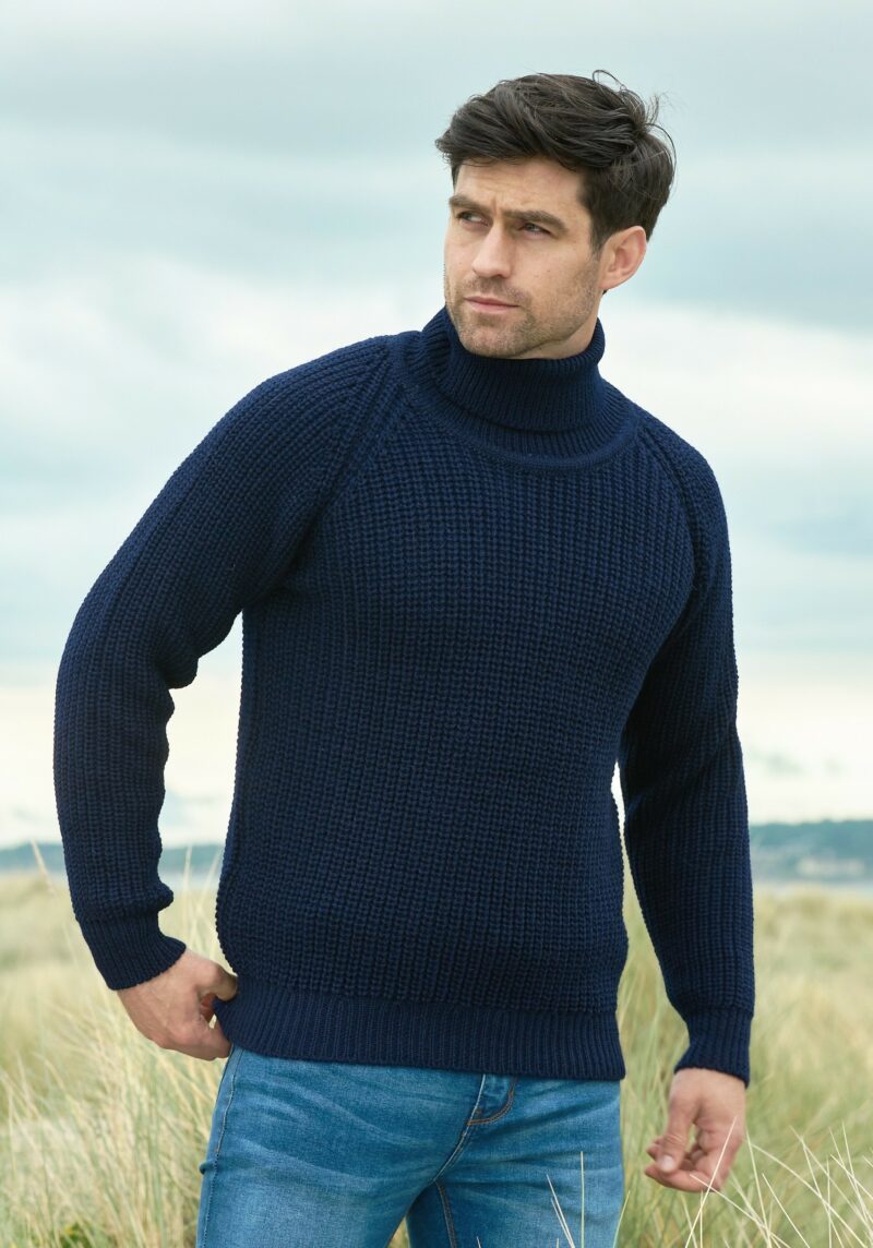 Aran Crafts Navy Rib Roll Neck Irish Sweater