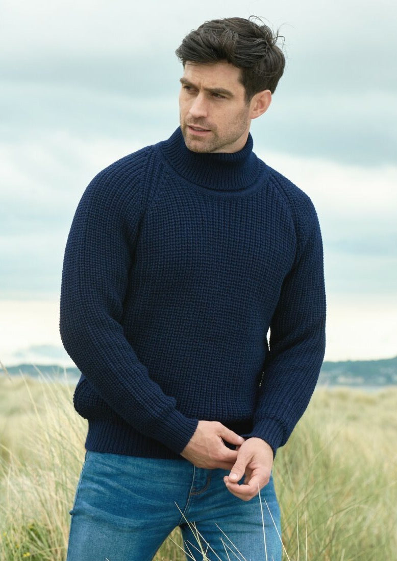 Aran Crafts Navy Rib Roll Neck Irish Sweater