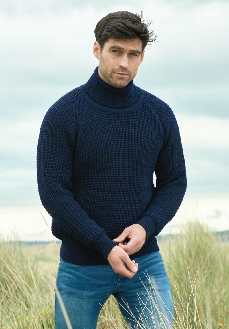 Aran Crafts Navy Rib Roll Neck Irish Sweater