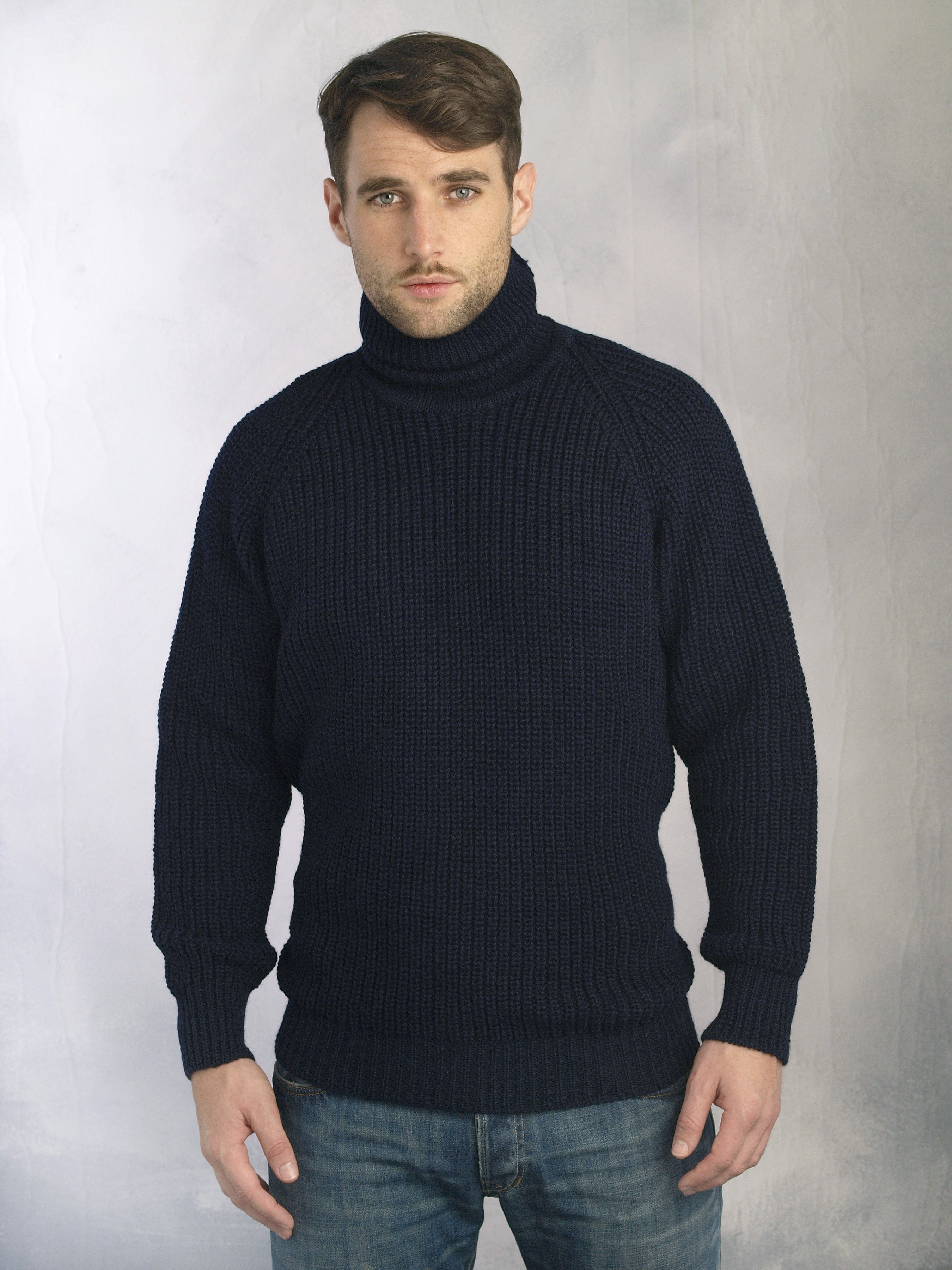 Aran Crafts Navy Rib Roll Neck Irish Sweater