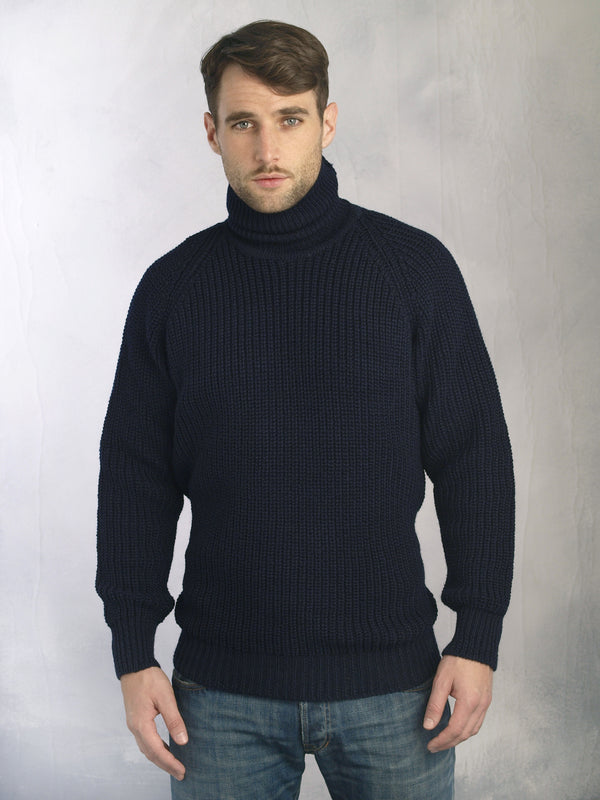 Aran Crafts Navy Rib Roll Neck Irish Sweater