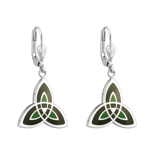 Rhodium Green Enamel Trinity Knot Earrings