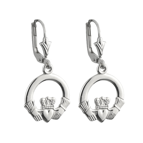 Solvar 14k White Gold Claddagh Drop Earrings s3956
