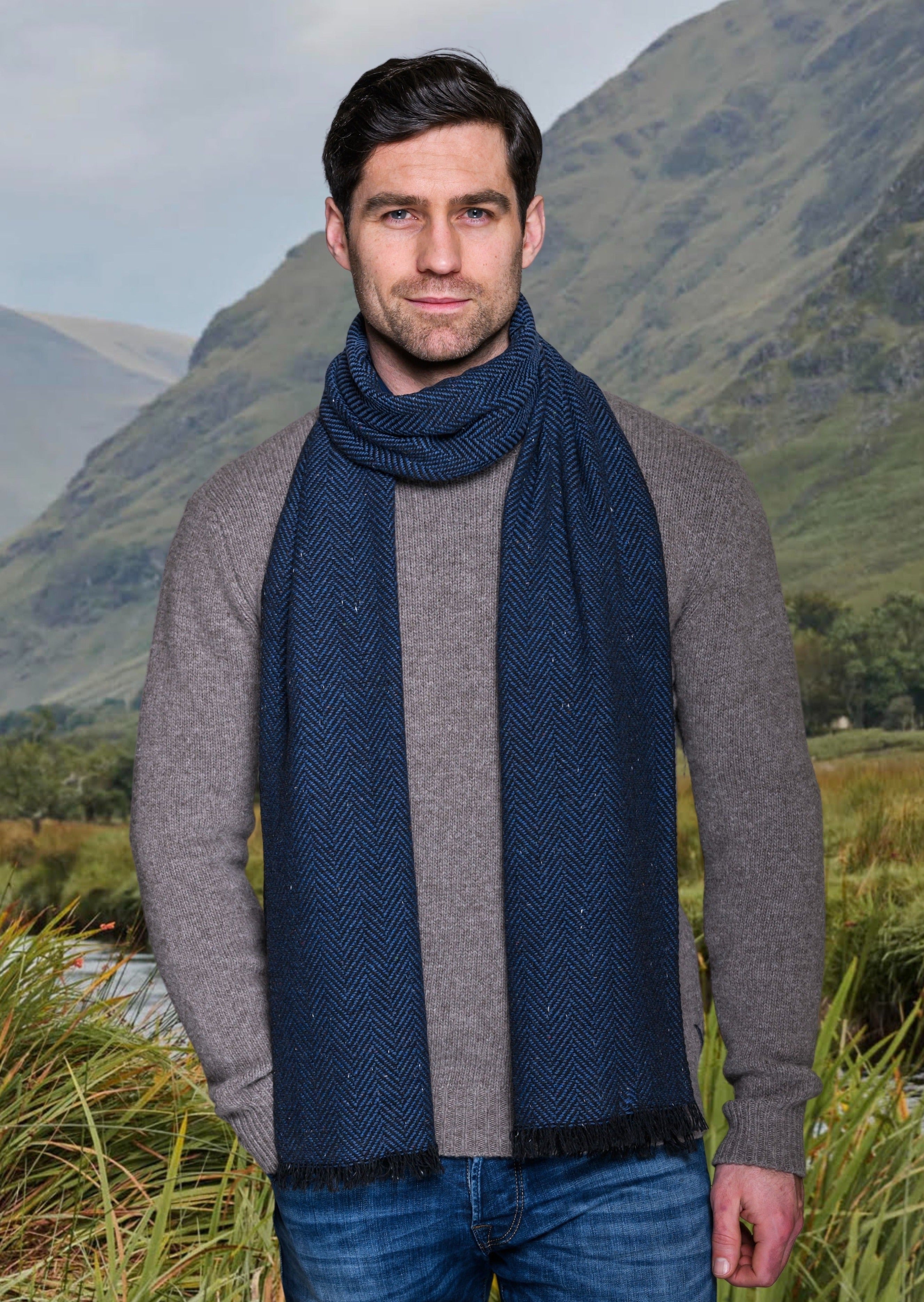 Mucros Blue Herringbone Donegal Scarf
