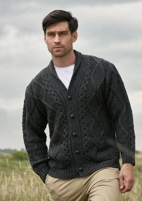 Aran Pattern Charcoal Button Cardigan