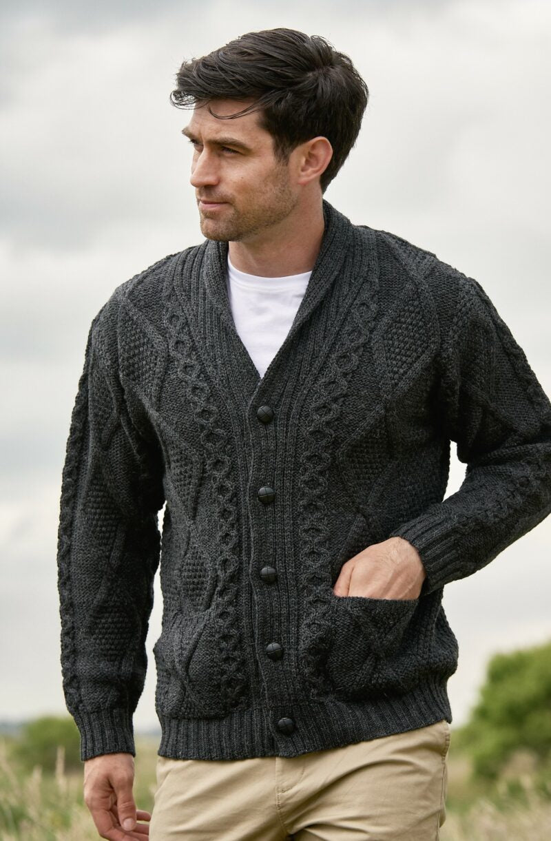 Aran Pattern Charcoal Button Cardigan