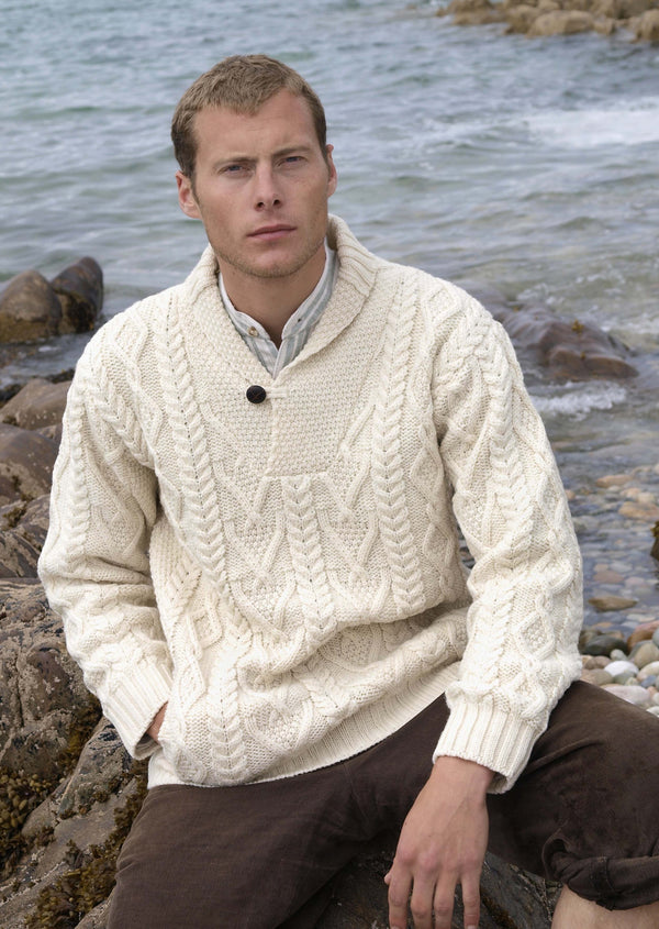 Dublin Shawl Collar Aran Sweater - Natural