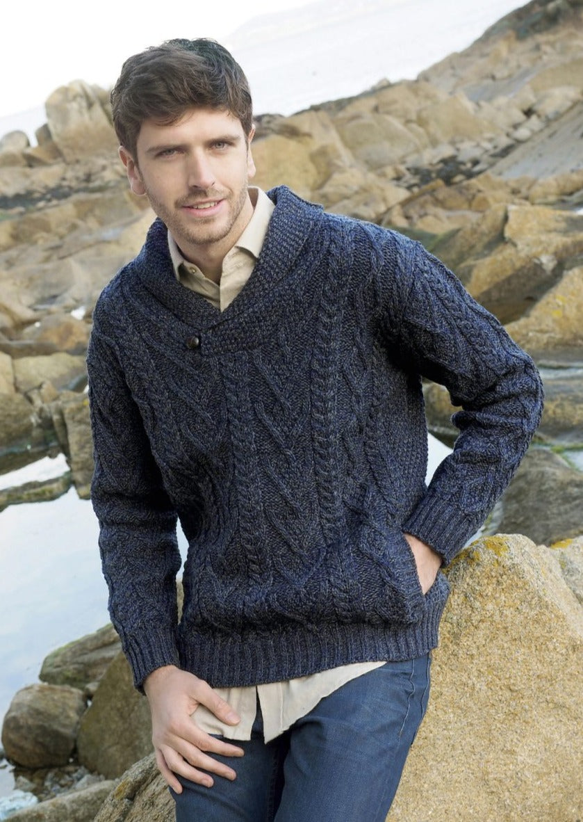 Dublin Shawl Collar Cormonant Blue Aran Sweater