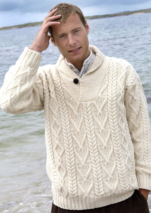 Dublin Shawl Collar Natural Aran Sweater