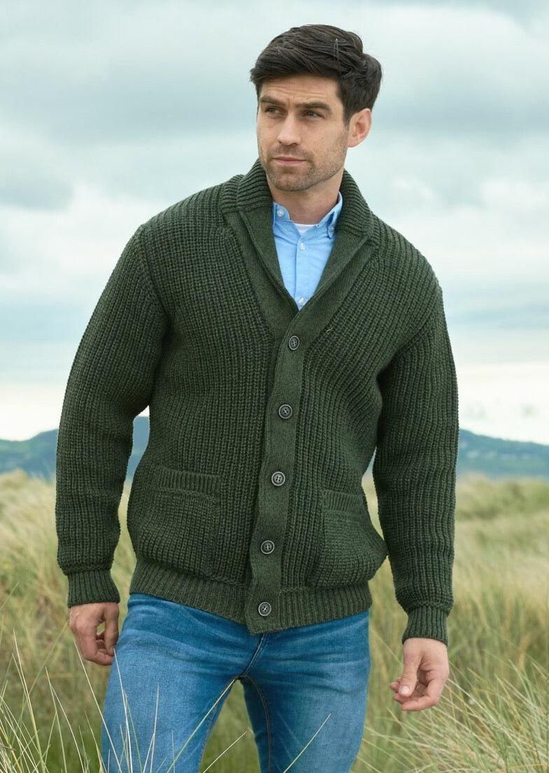 Aran Crafts Dark Green Ribbed Shawl Cardigan