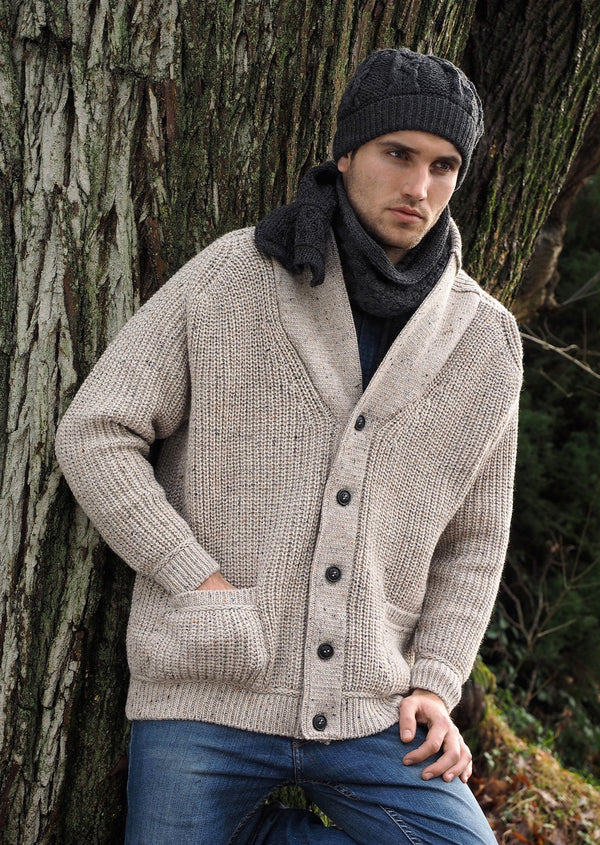 Aran Crafts Ribbed Gents Oatmeal Cardigan