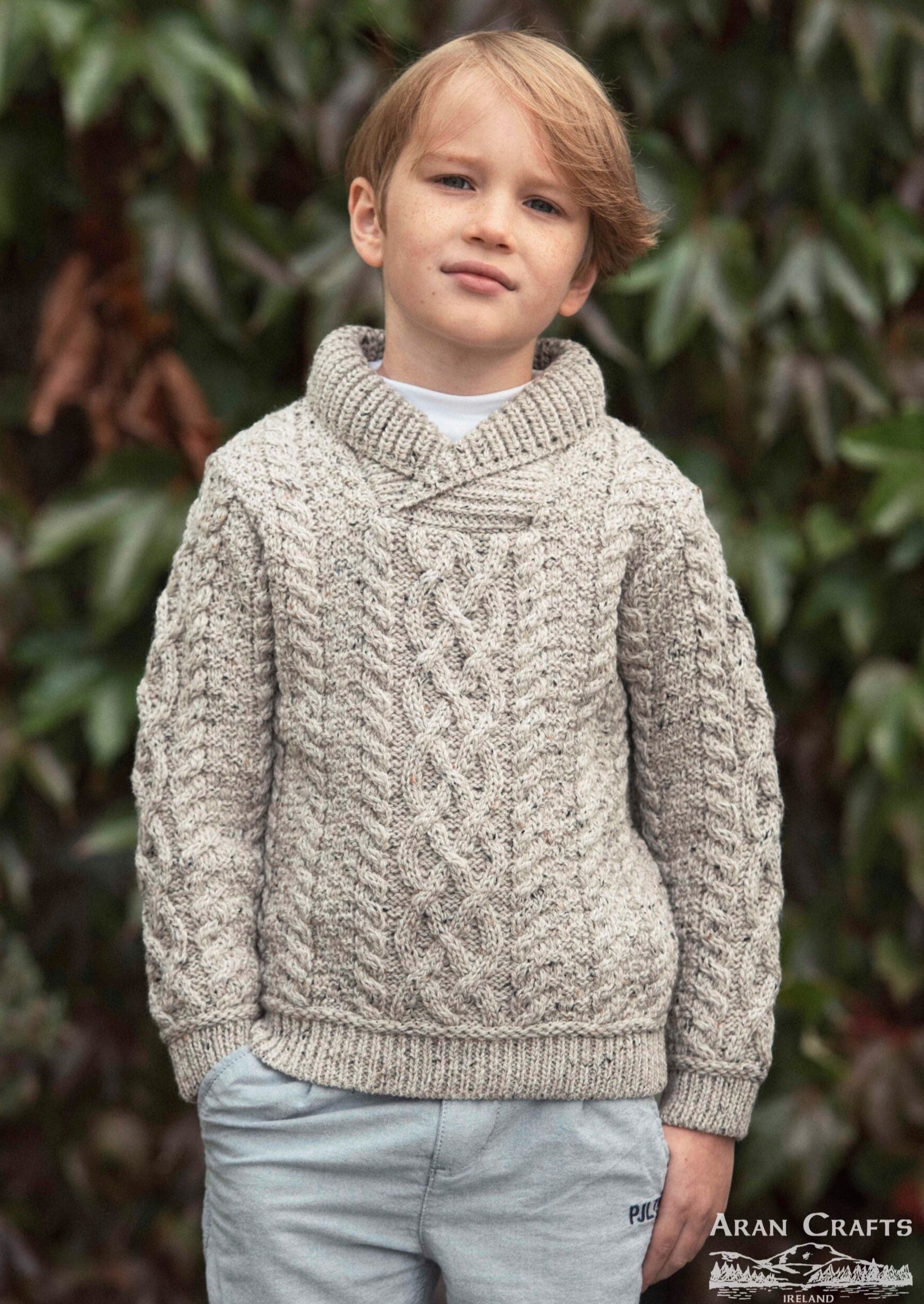 Kid's Shawl Neck Aran Sweater | Oatmeal