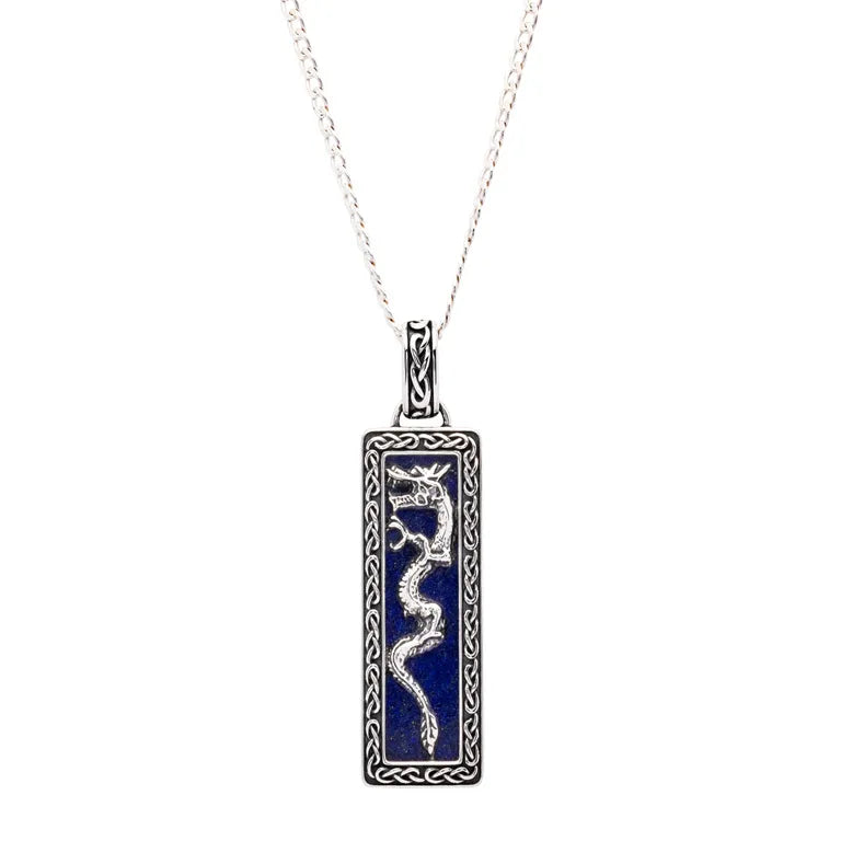 Sterling Silver Men’s Blue Lapis Dragon Necklace