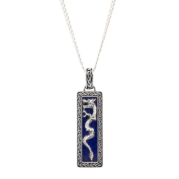 Sterling Silver Men’s Blue Lapis Dragon Necklace