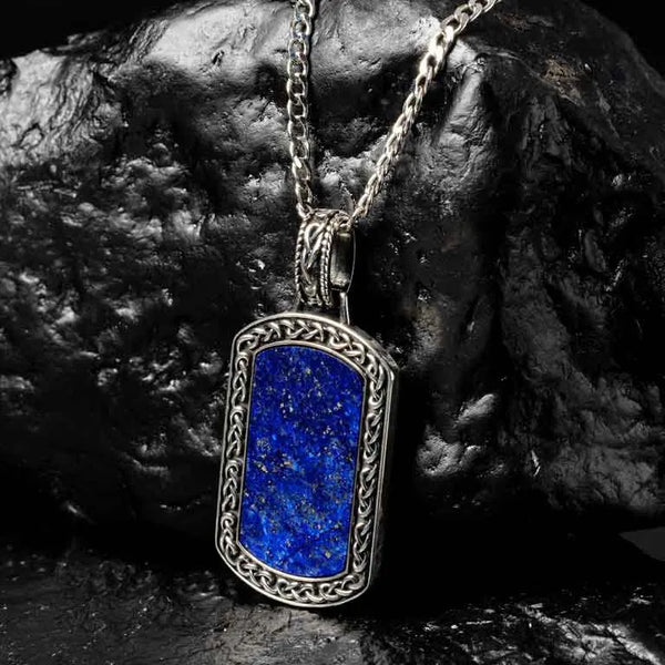 Sterling Silver Men’s Blue Lapis Celtic Knot Dog Tag Pendant