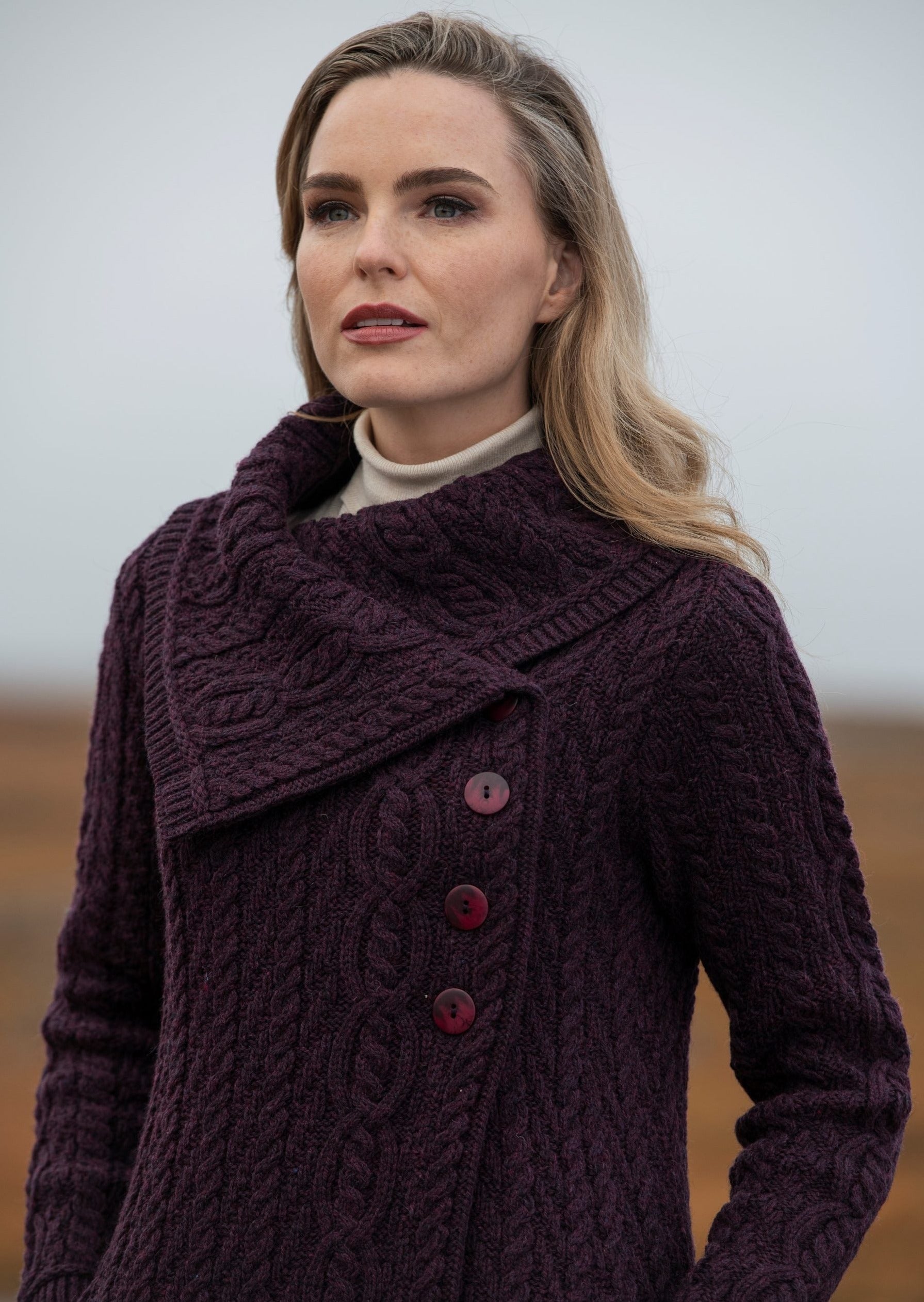 Aran Crafts Chunky Collar Damson Coat