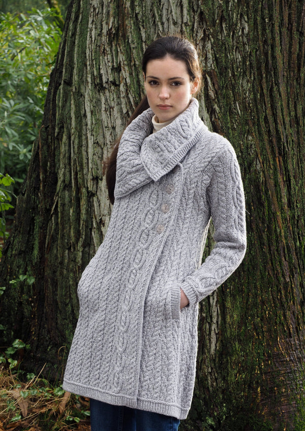 Aran Crafts Chunky Collar Soft Grey Coat