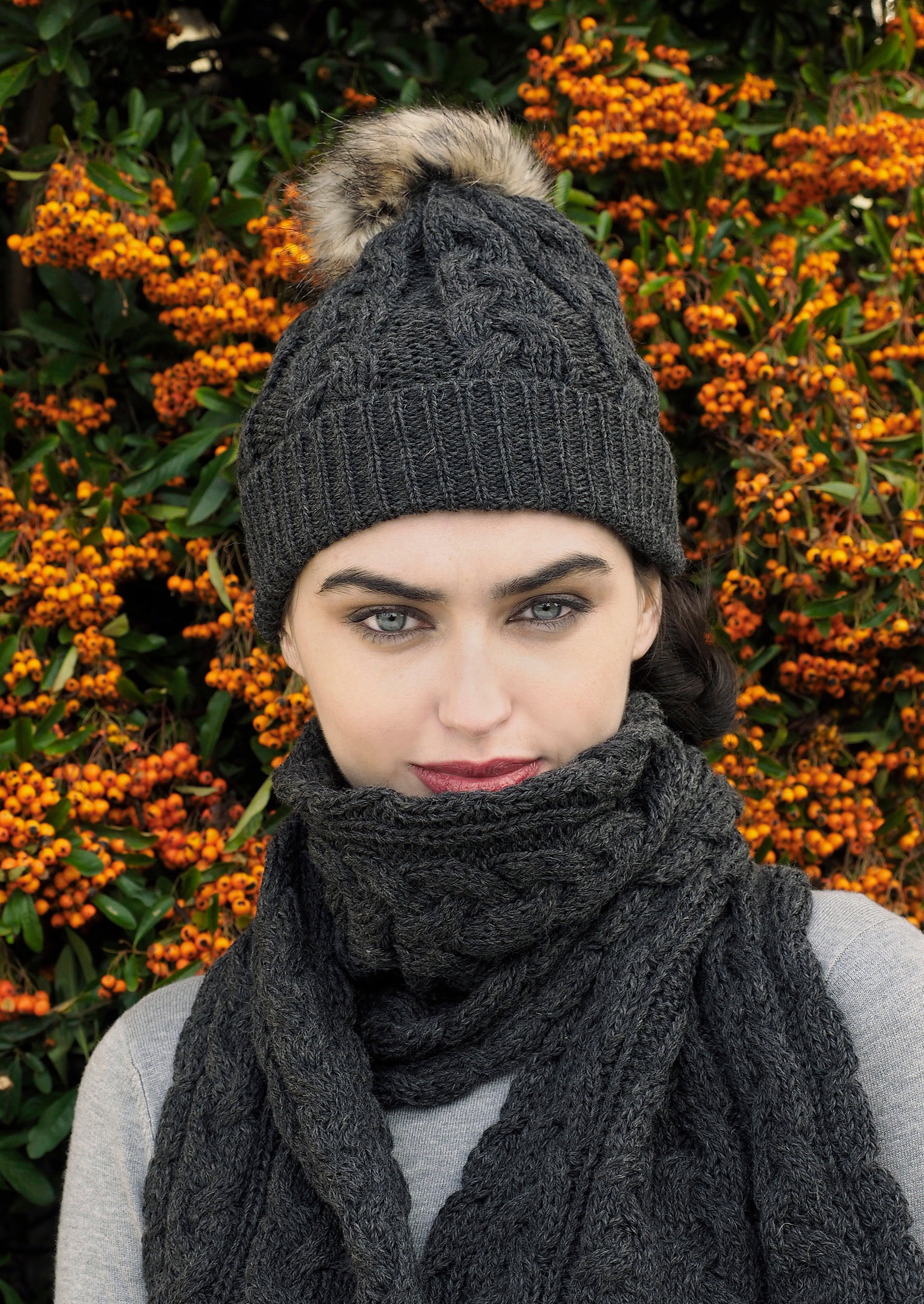 Aran Cable Knit Charcoal Pom Pom Hat