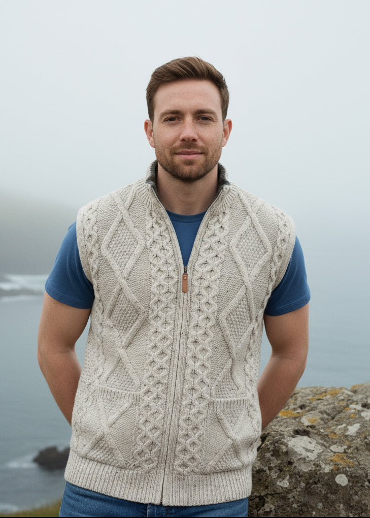 Aran Crafts Zip Gilet | Oatmeal