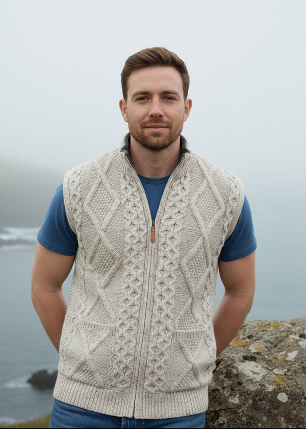 Aran Crafts Zip Gilet | Oatmeal