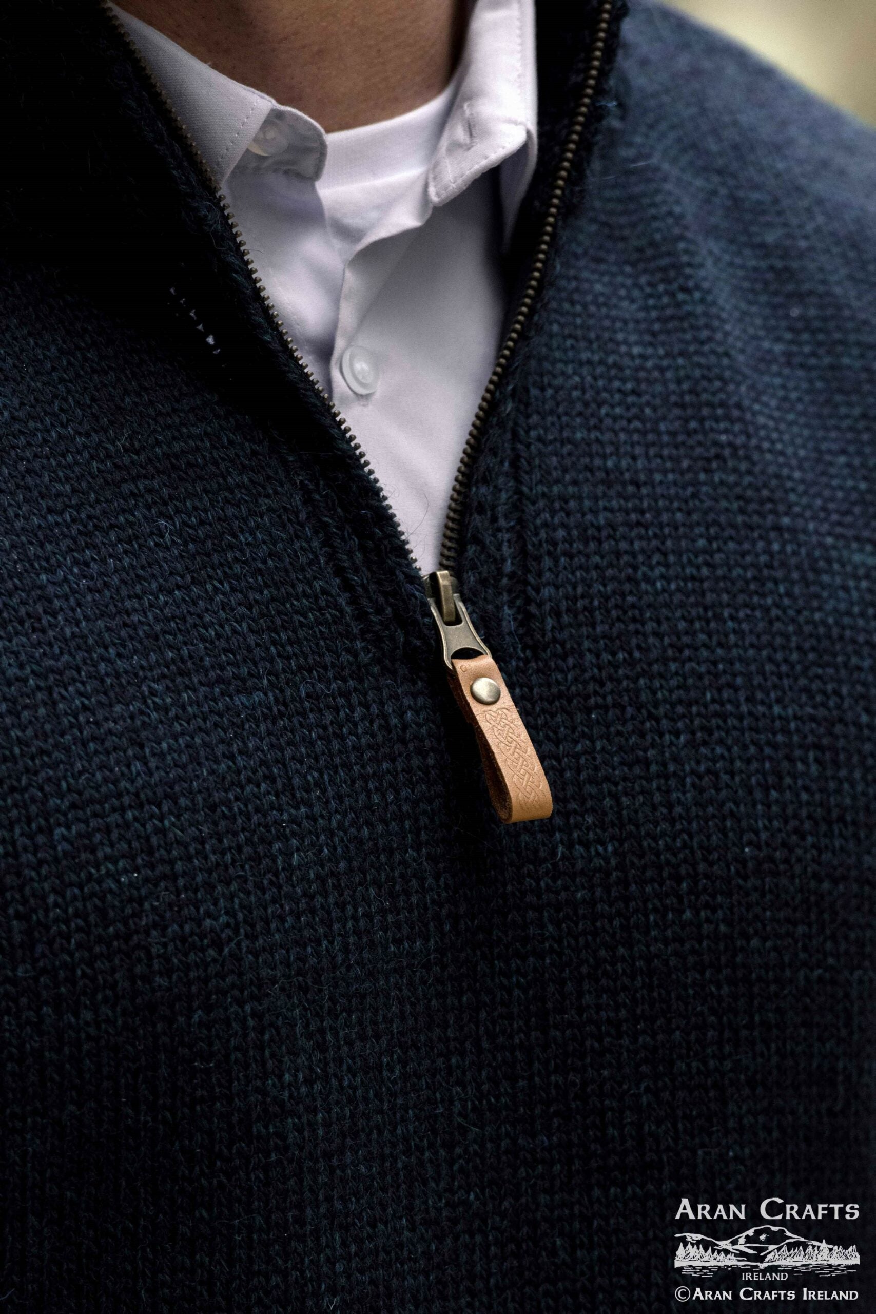 Aran Wool Half Zip Sweater | Navy Green Mix