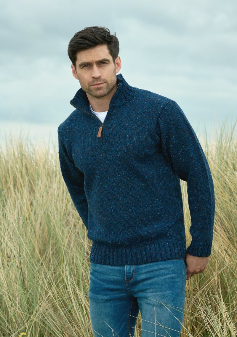 Men's Donegal Wool Blue Half Zip Sweater