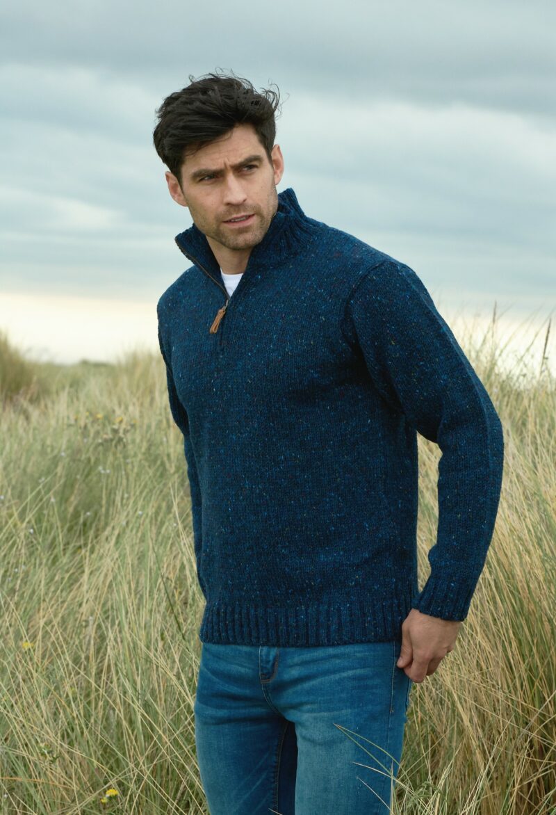 Men's Donegal Wool Blue Half Zip Sweater