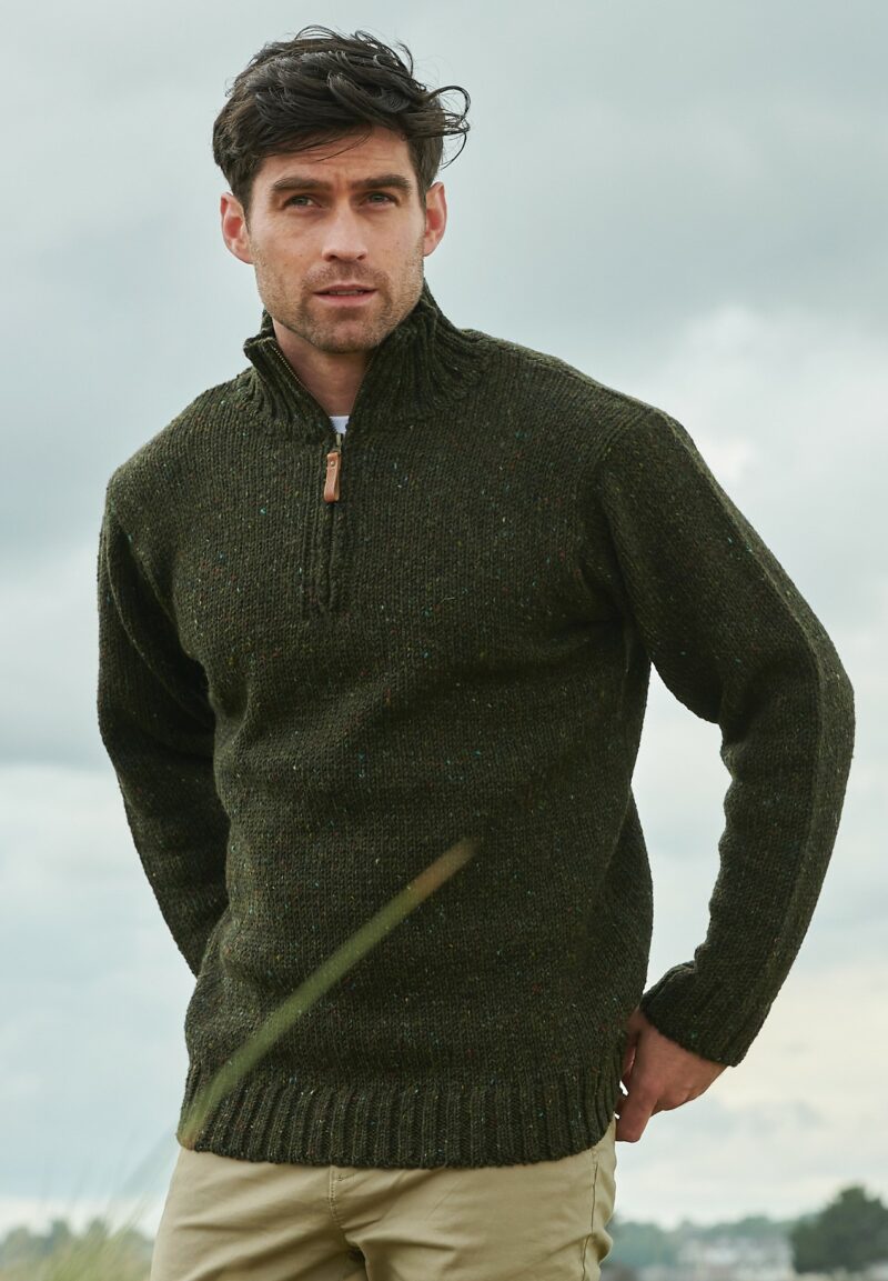 Donegal Wool Mens Half Zip Green Sweater