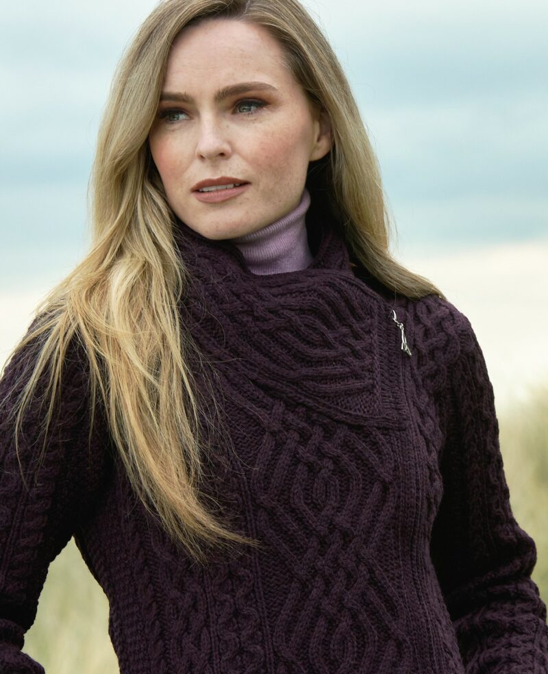 Aran Shannon Side Zip Damson Cardigan