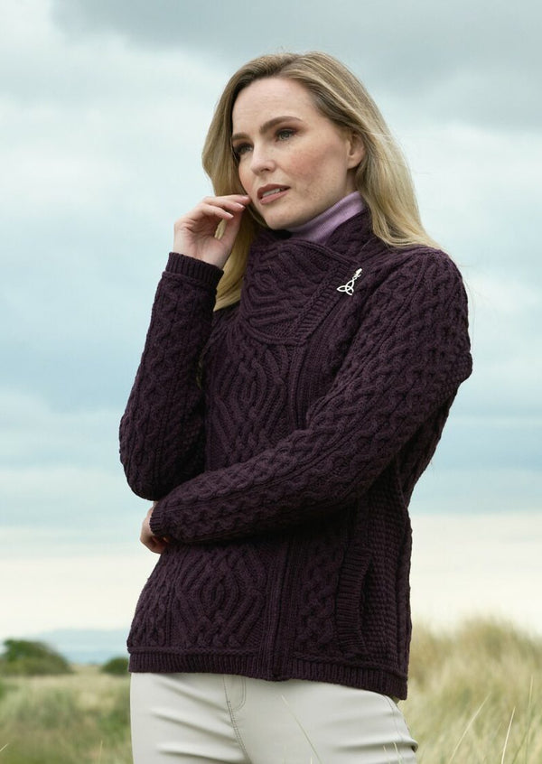 Aran Shannon Side Zip Cardigan - Damson