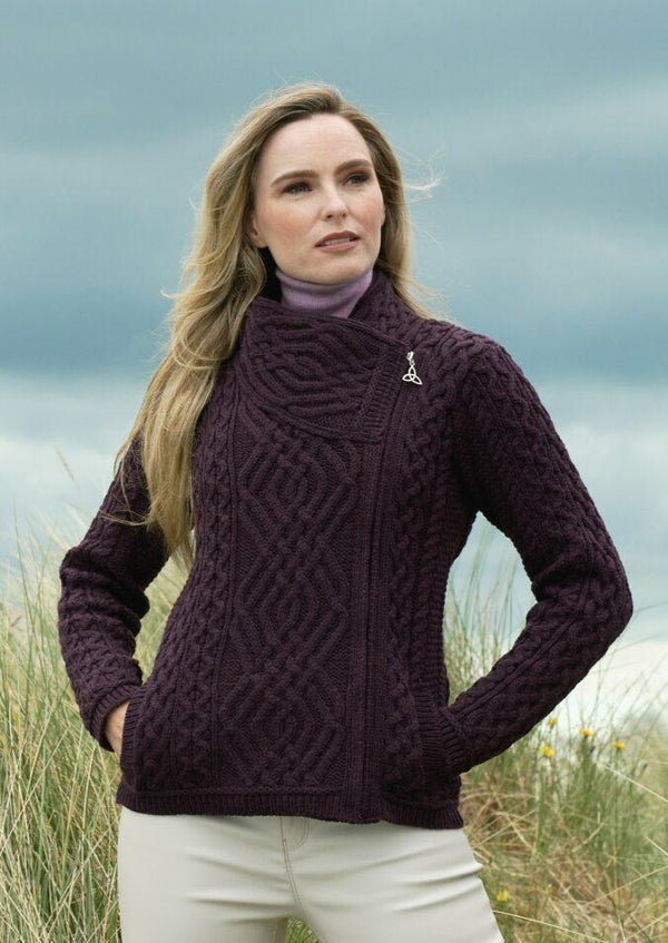 Aran Shannon Side Zip Cardigan - Damson