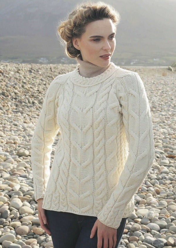 Listowel Ladies Aran Cabled Sweater - Natural