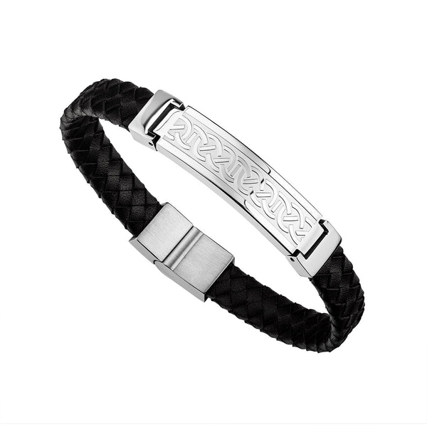 Stainless Steel Mans Black Leather Celtic Bracelet