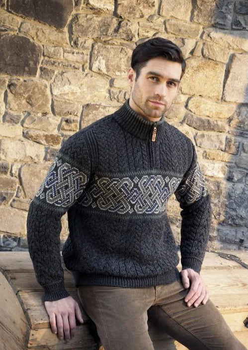 Aran Jacquard Celtic Irish Half Zip Sweater