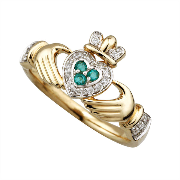 14K Diamond & Emerald Claddagh Ring