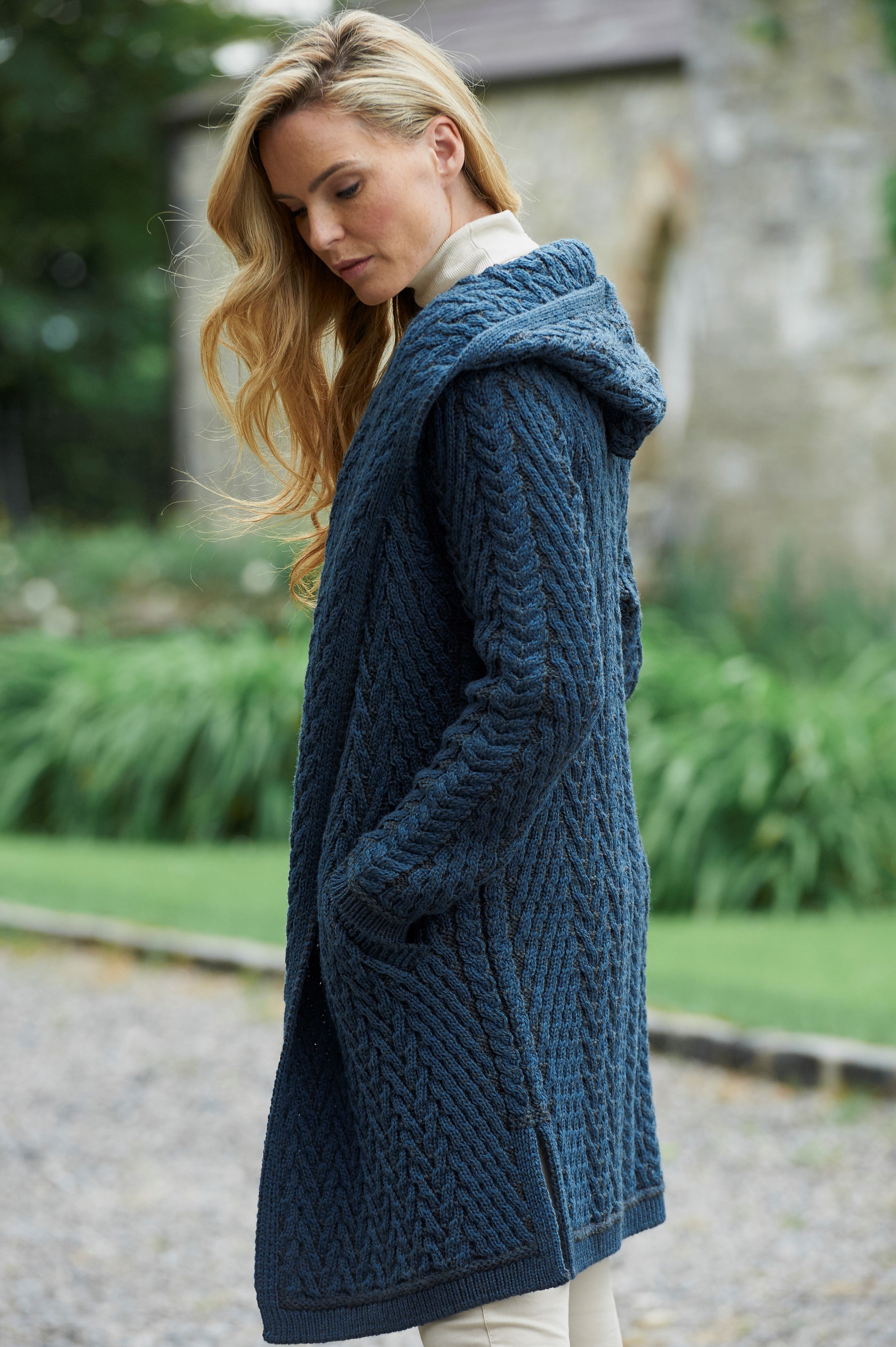 Aran Crafts Herringbone Shawl Hooded Cardigan | Mallard