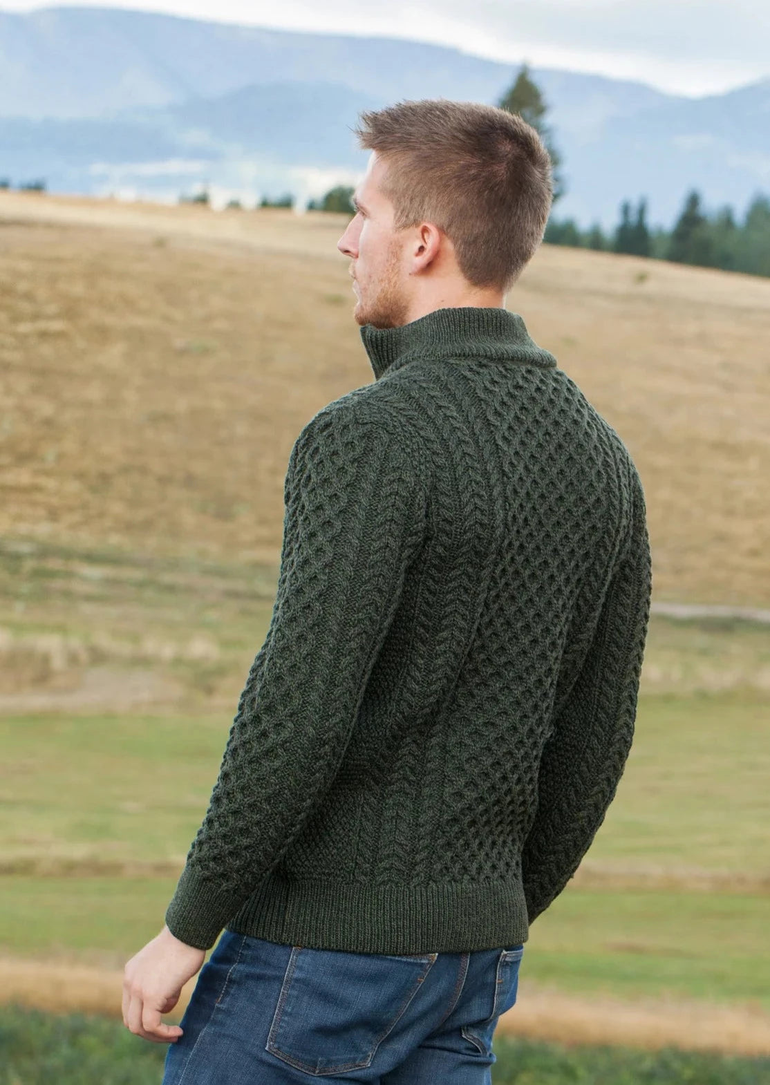 Aran Merino Wool Green Half Zip Sweater