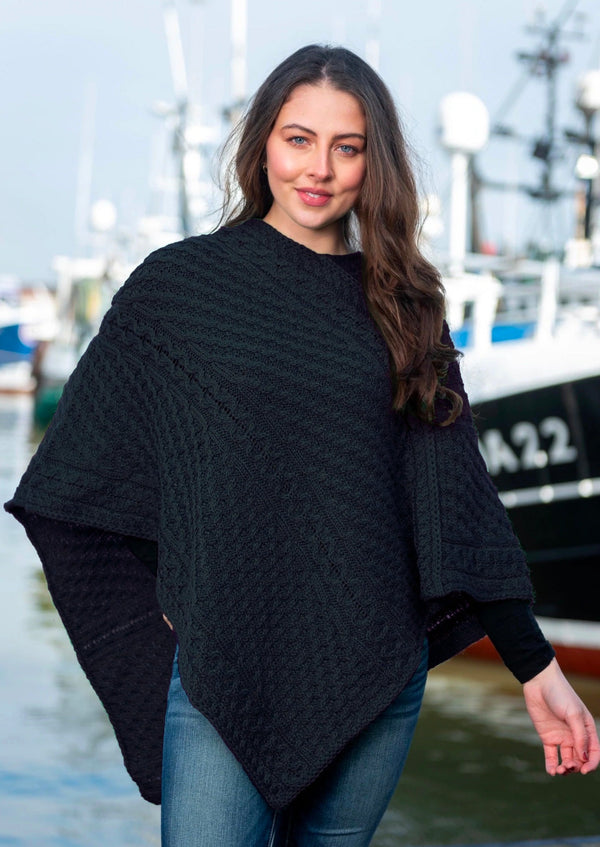 Aran Charcoal Merino Wool V Poncho