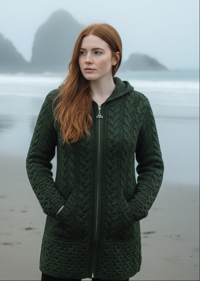 Ladies Hooded Green Aran Coat Celtic Knot Zipper