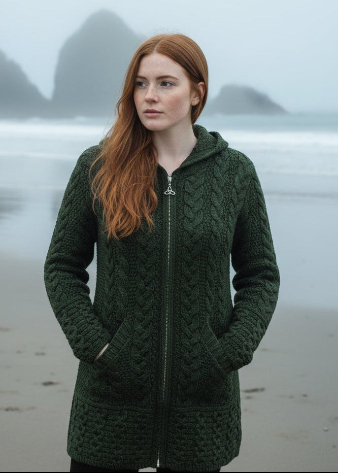 Ladies Hooded Green Aran Coat Celtic Knot Zipper