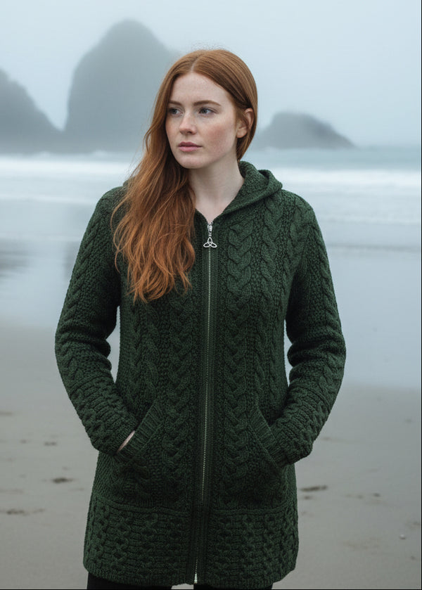 Ladies Hooded Green Aran Coat Celtic Knot Zipper
