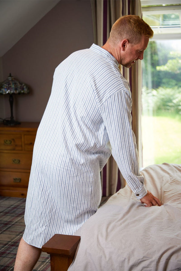 Unisex Blue Flannel Ivory Stripe Nightshirt