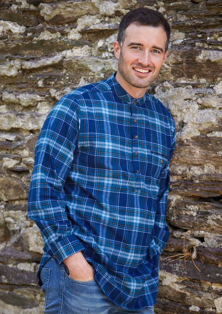 Mens Navy Blue Tartan Flannel Grandfather Shirt