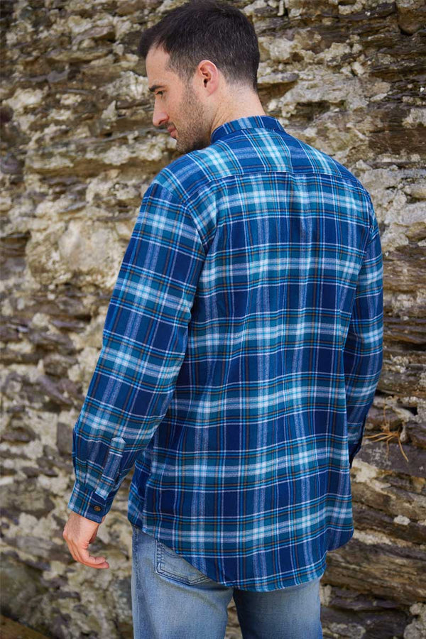 Mens Navy Blue Tartan Flannel Grandfather Shirt