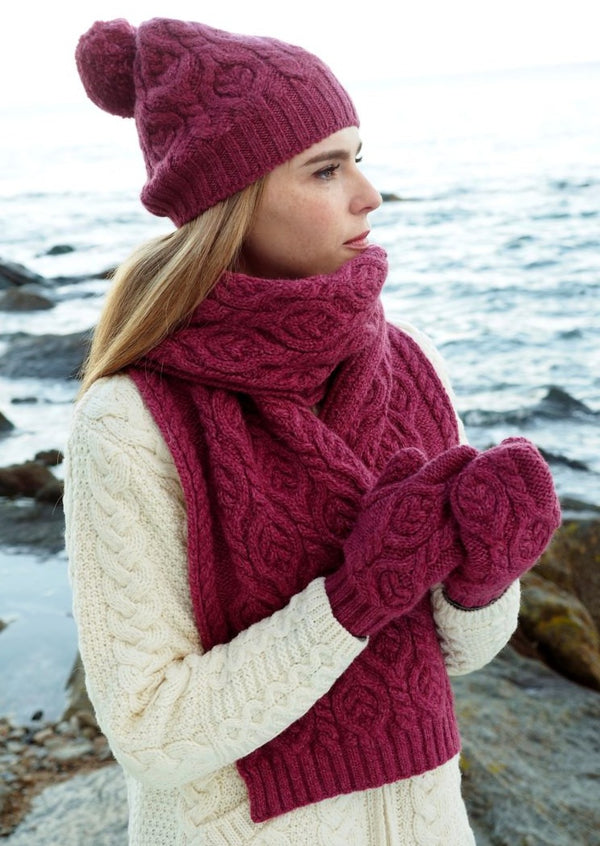 Raspberry Aran Leaf Design Scarf