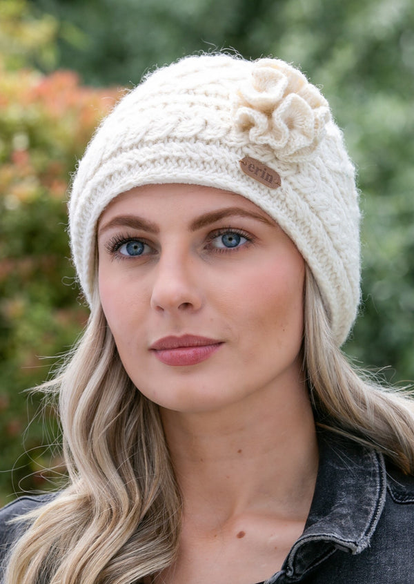 Aran Trellis Flower White Hat