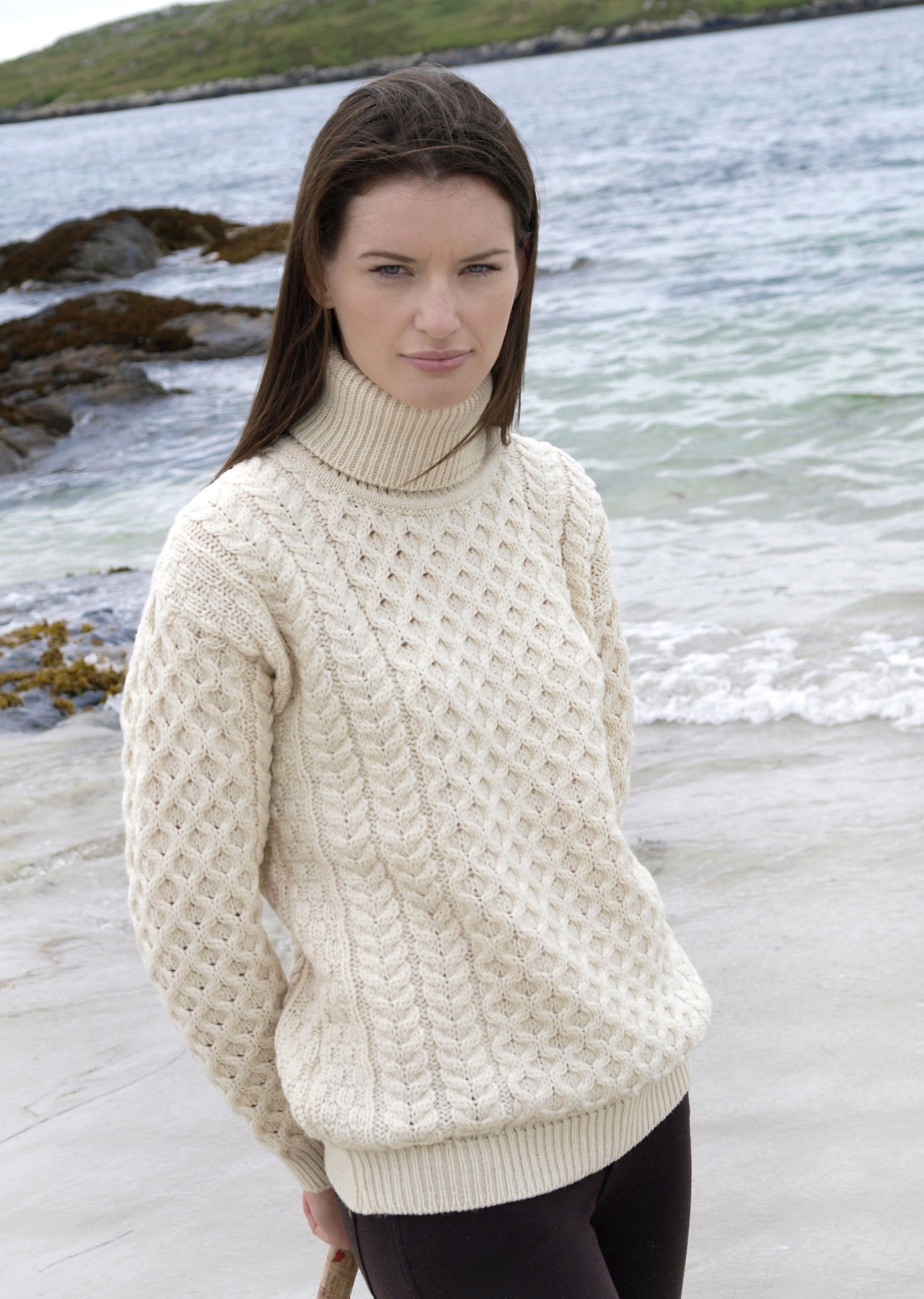 Merino Wool Polo Neck Aran Sweater